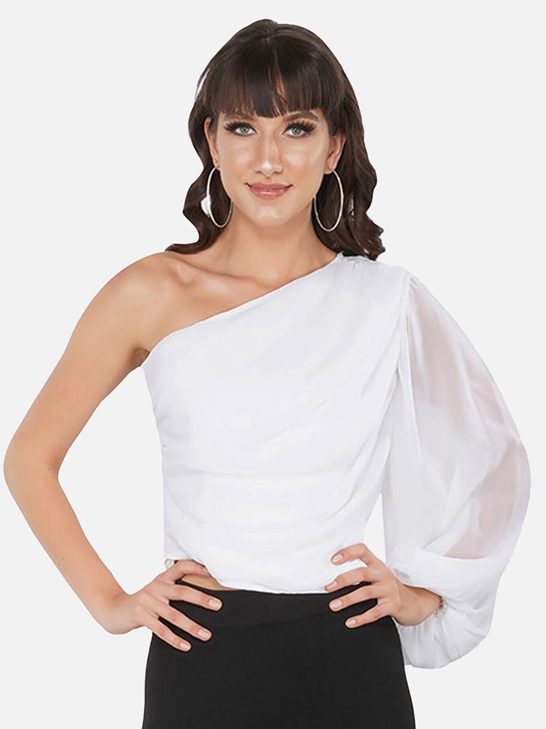 

ATTIC SALT Woman White One Shoulder Satin Georgette Crop Top