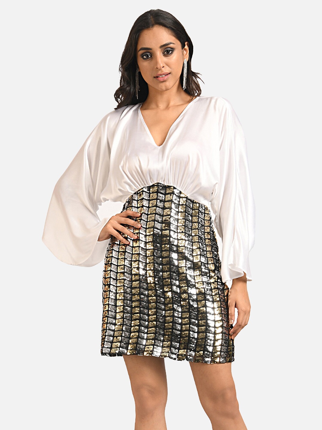 

ATTIC SALT White & Gold-Toned Embellished Satin A-Line Dress