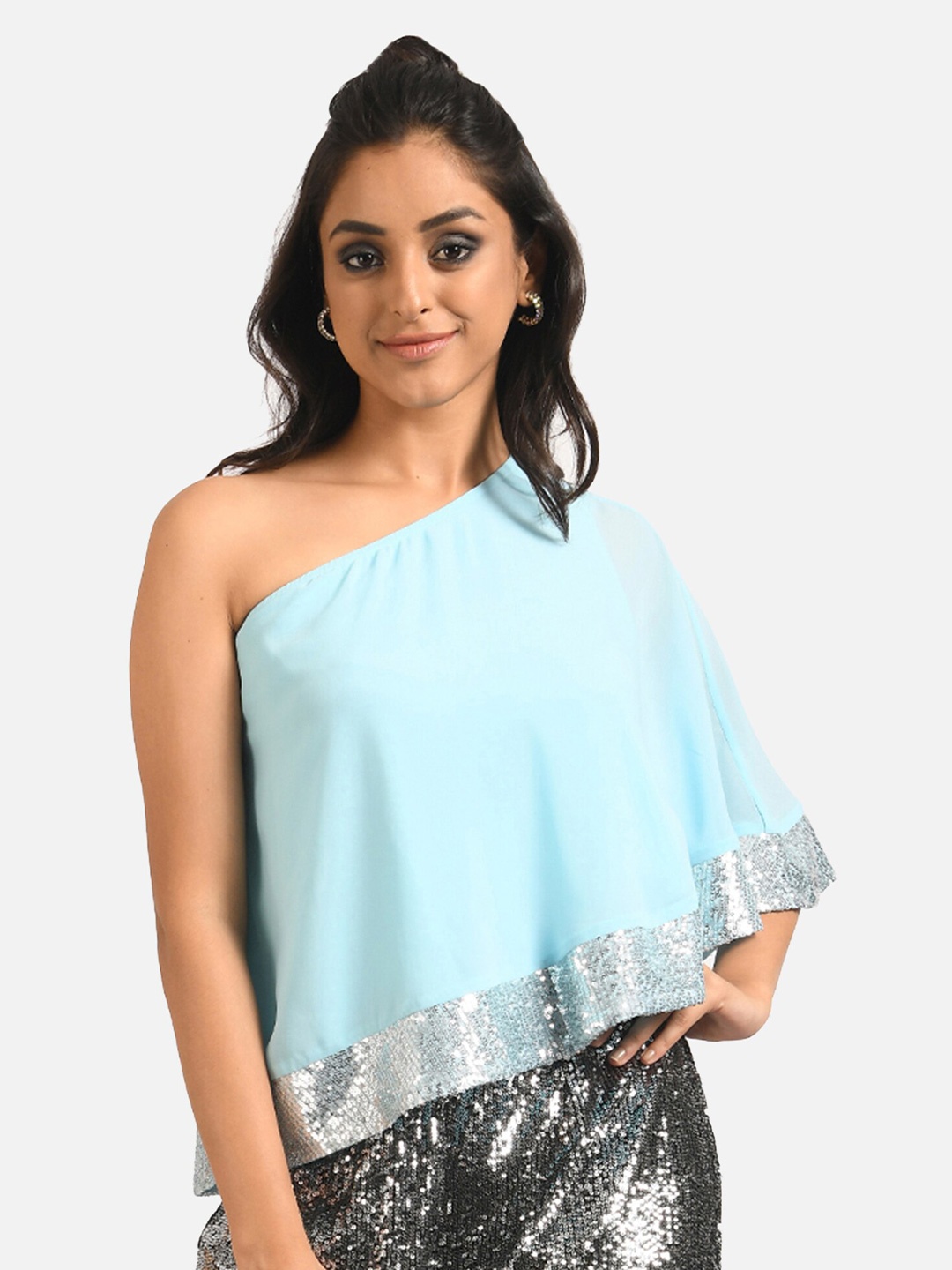 

ATTIC SALT Turquoise Blue Sequin Detail One Shoulder Georgette Top