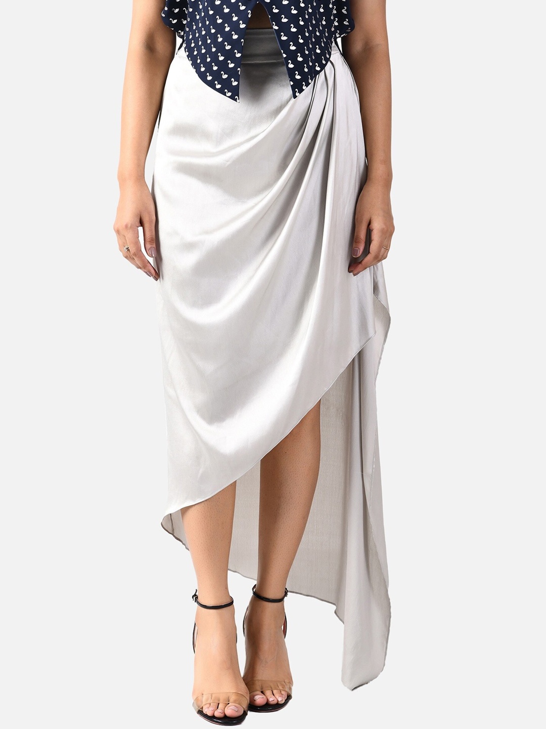 

ATTIC SALT Women Silver-Coloured Solid Draped Maxi-Skirt
