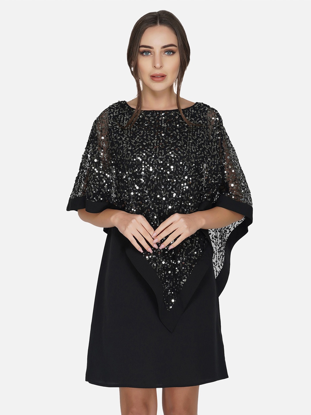 

ATTIC SALT Black & french middle red purple Embellished Georgette A-Line Dress