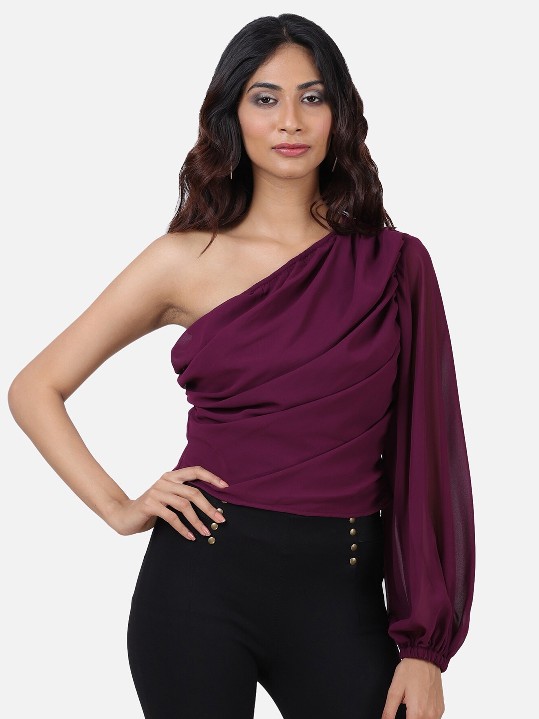 

ATTIC SALT Purple One Shoulder Satin Georgette Crop Top