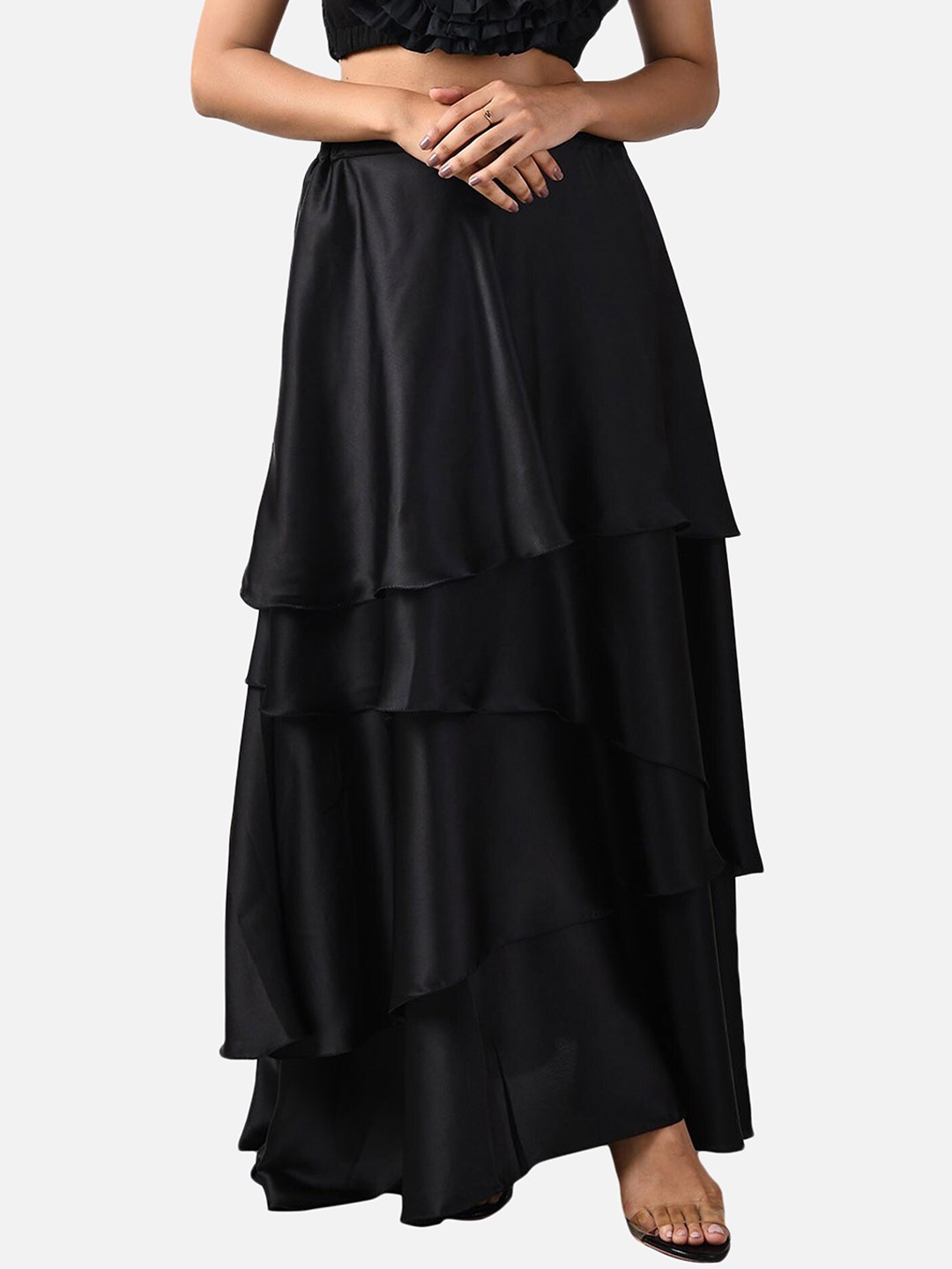 

ATTIC SALT Women Black Solid Tiered Maxi Skirt