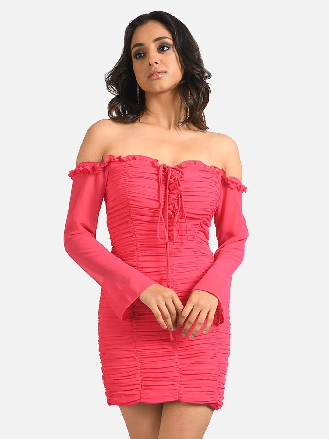 

ATTIC SALT Pink Off-Shoulder Georgette Bodycon Mini Dress