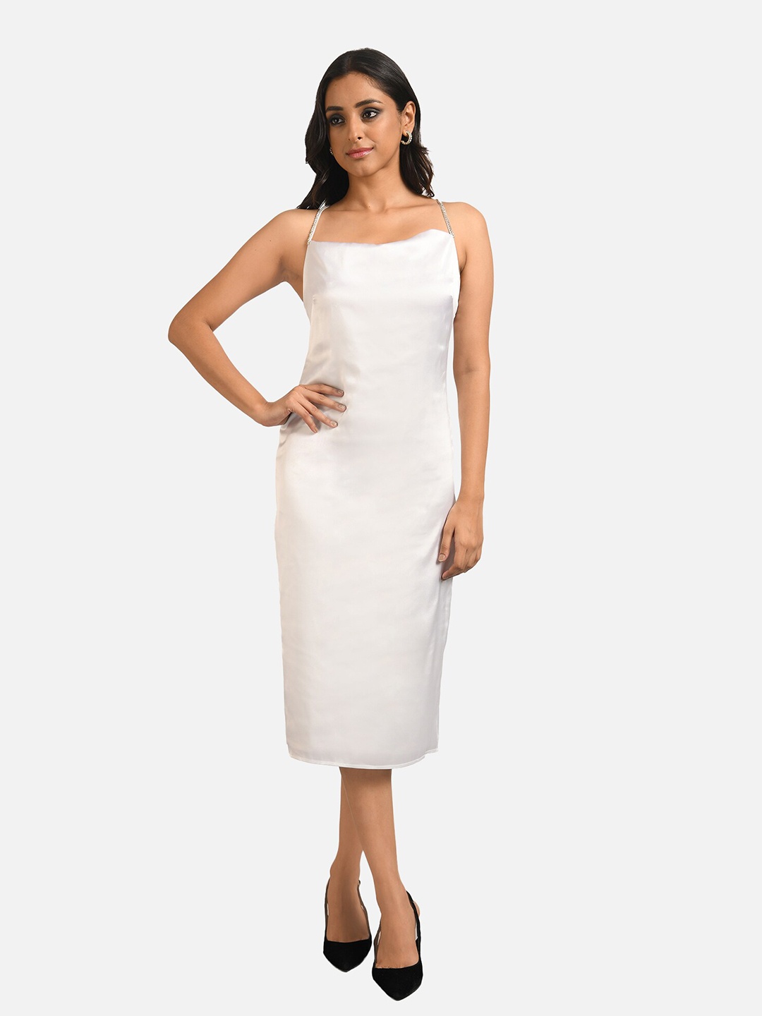 

ATTIC SALT White Satin Sheath Midi Dress
