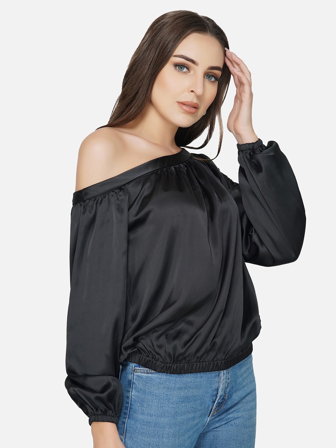 

ATTIC SALT Black Off-Shoulder Satin Top