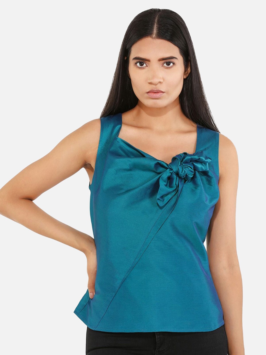 

ATTIC SALT Woman Blue Bowie Knotted Taffeta Top