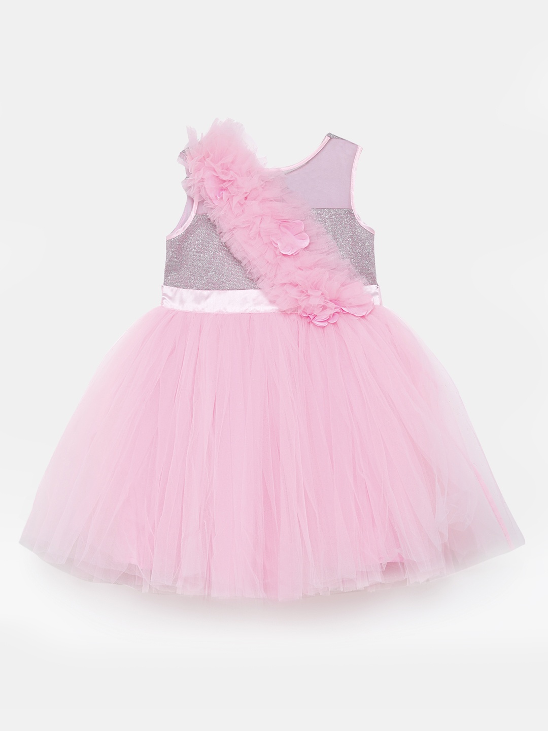 

Hopscotch Girls Pink Shimmered Ruffled Cotton Fit & Flare Dress with Sash Applique Detail