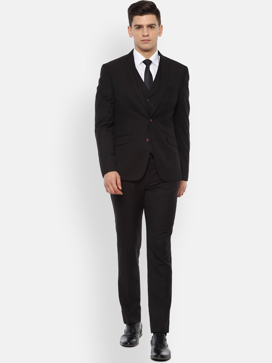 

V Dot Men Brown Self Design Skinny Fit Single Breasted 3 Piece Formal Suit