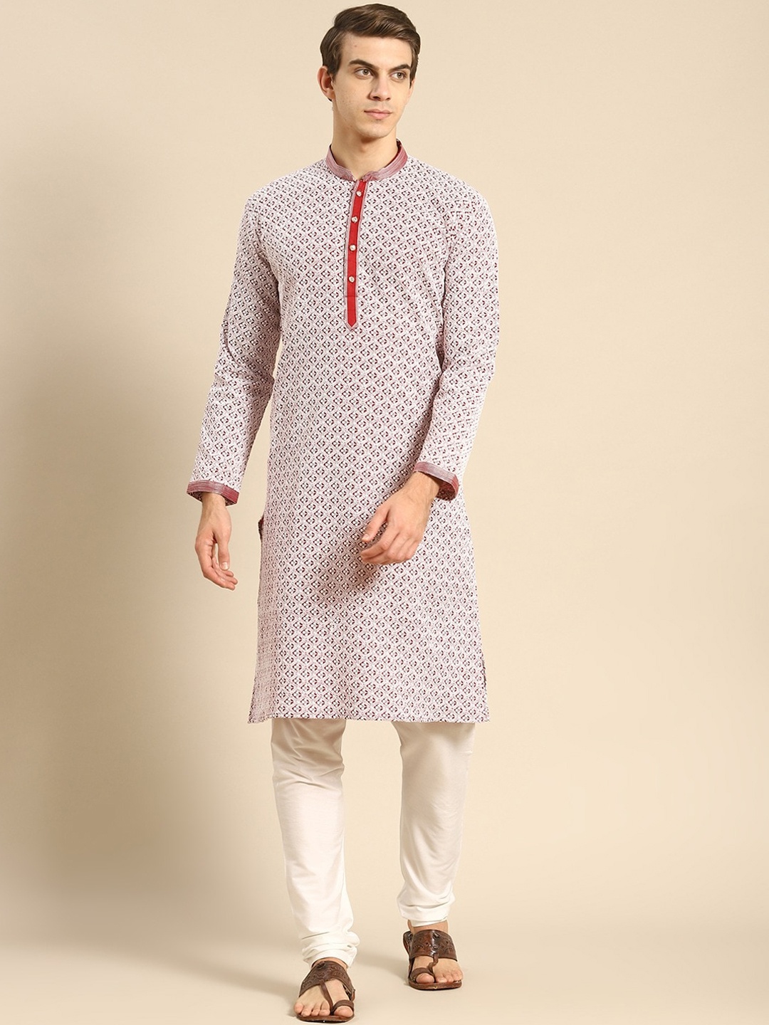 

RAJUBHAI HARGOVINDAS Men Maroon Printed Chikankari Pure Cotton Kurta with Pyjamas