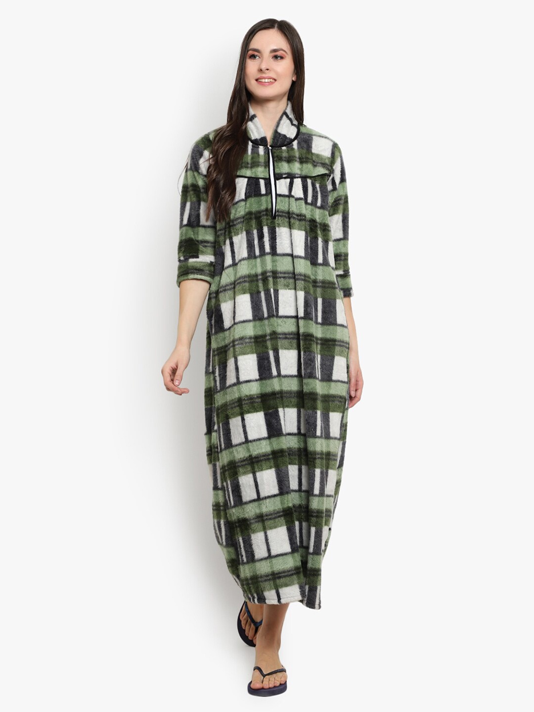 

CIERGE Green Checked Mandarin Collared Wool Maxi Nightdress