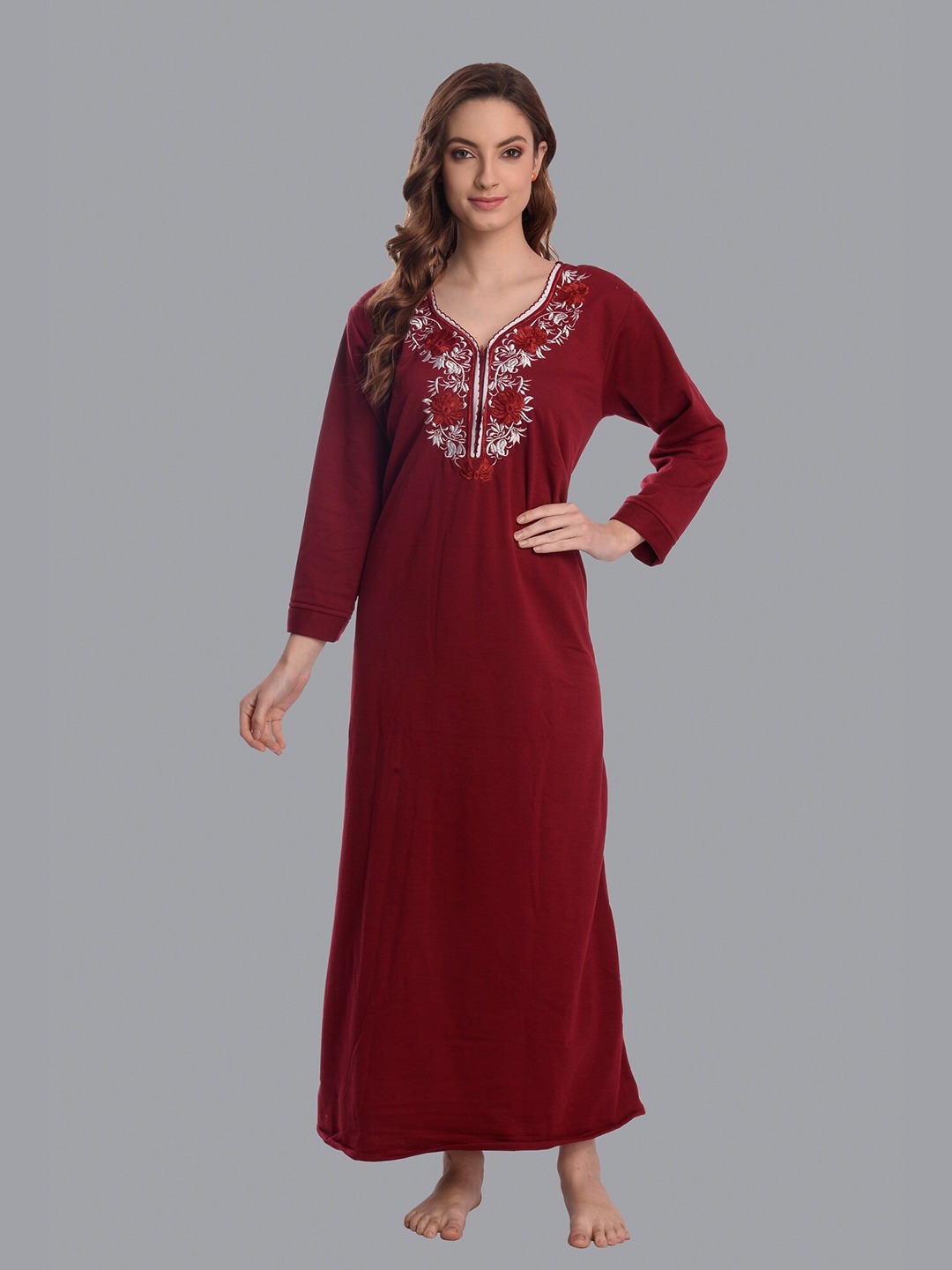 

CIERGE Maroon Embroidered Maxi Nightdress