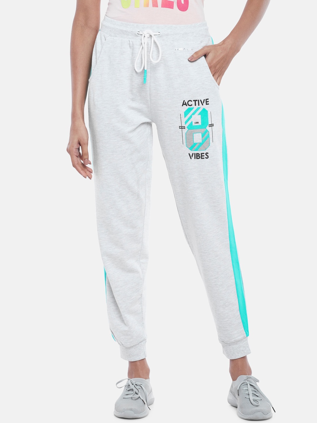 

Ajile by Pantaloons Women Grey Melange & Blue Printed Pure Cotton Joggers