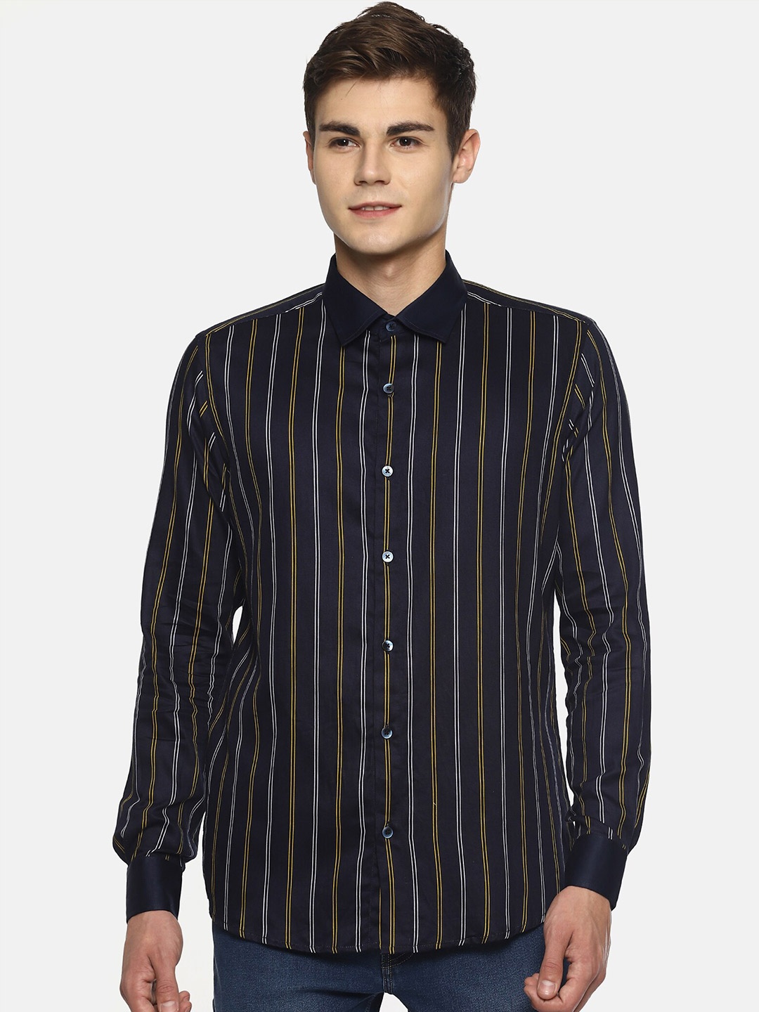 

COUPER & COLL Men Navy Blue & White Premium Slim Fit Striped Pure Cotton Party Shirt