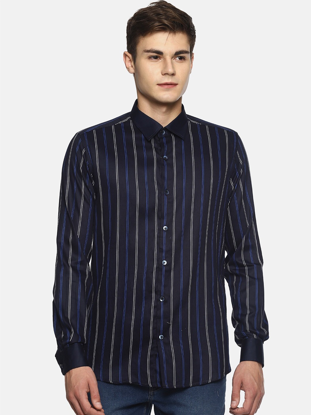 

COUPER & COLL Men Blue Premium Slim Fit Striped Pure Cotton Party Shirt