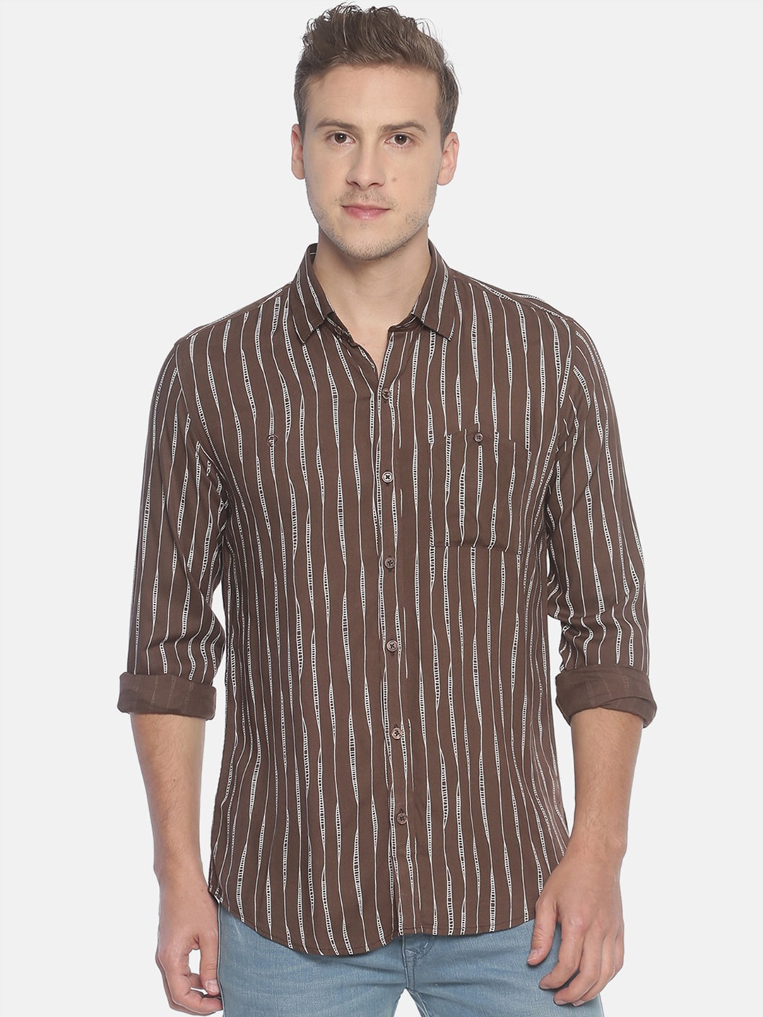

COUPER & COLL Men Brown Premium Slim Fit Striped Cotton Casual Shirt