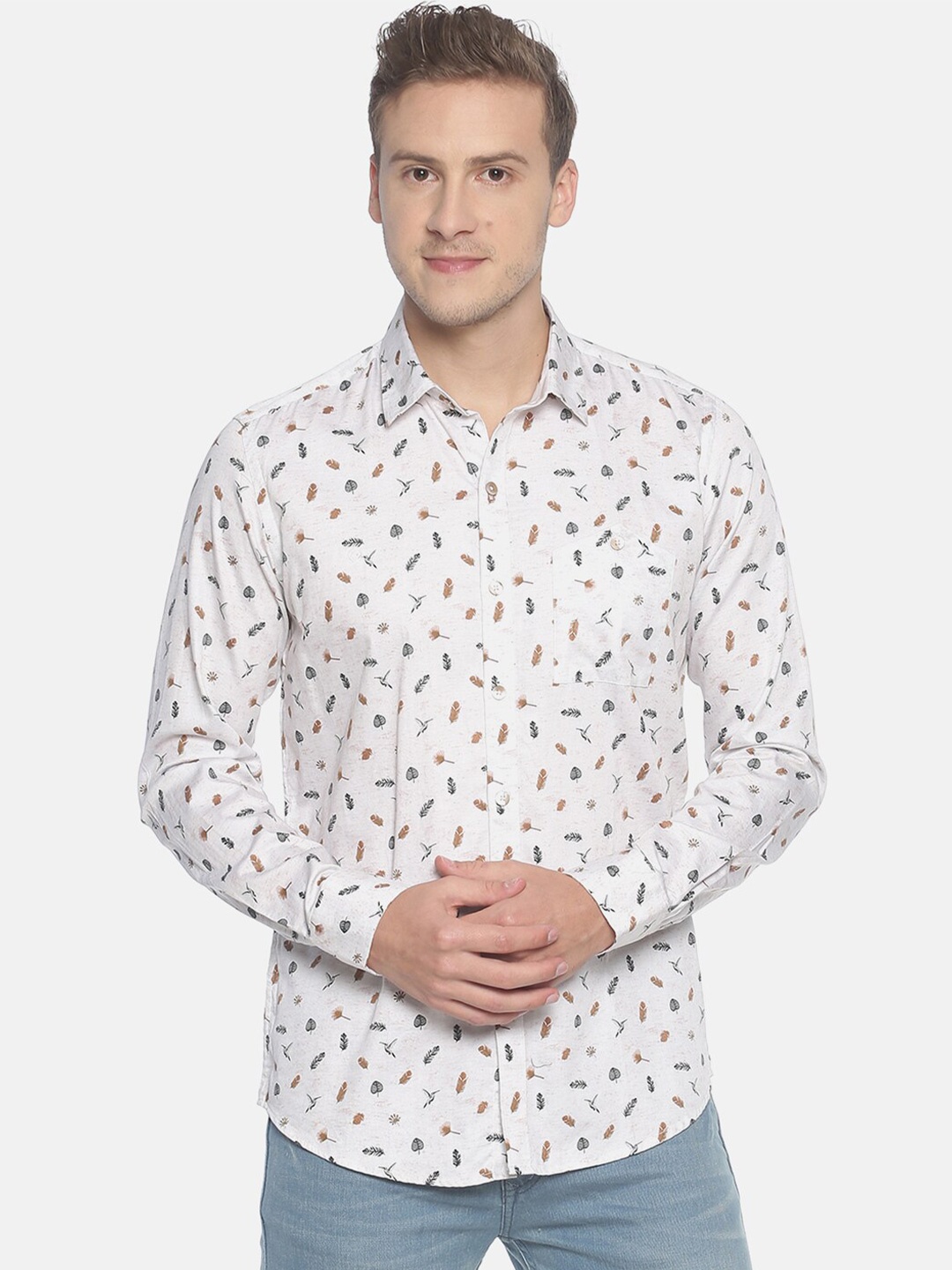 

COUPER & COLL Men White Premium Slim Fit Printed Pure Cotton Casual Shirt