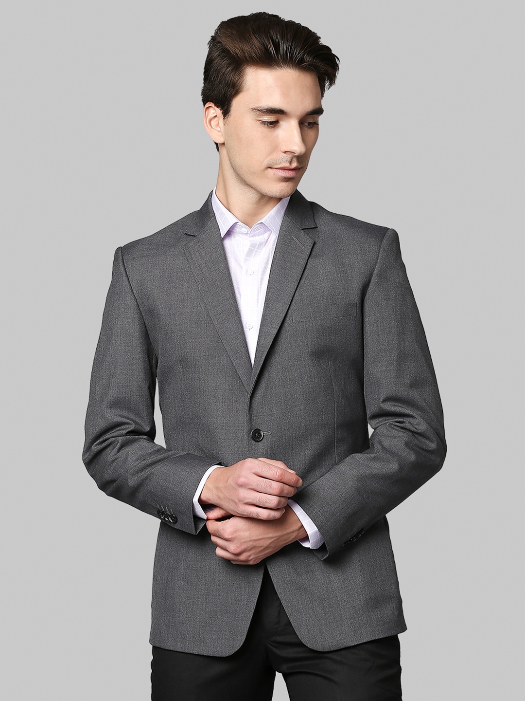 

Park Avenue Men Grey Solid Single-Breasted Super Slim-Fit Formal Two-Piece Suit