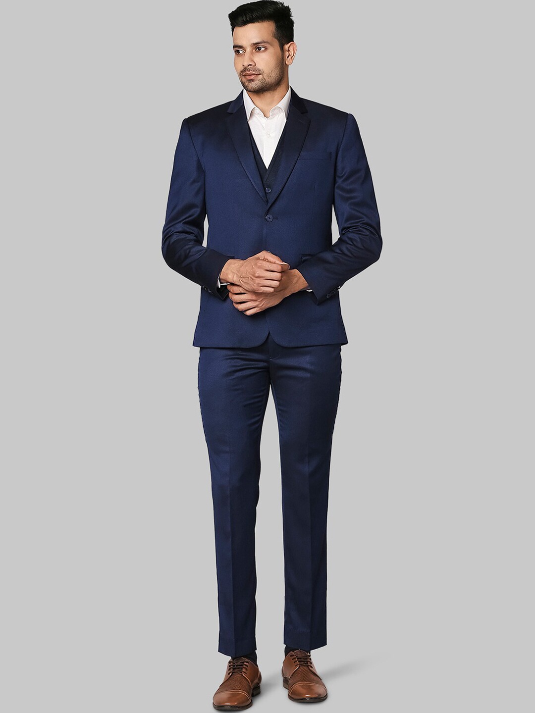 

Park Avenue Men Blue Solid Super Slim Fit 3 Piece Formal Suit