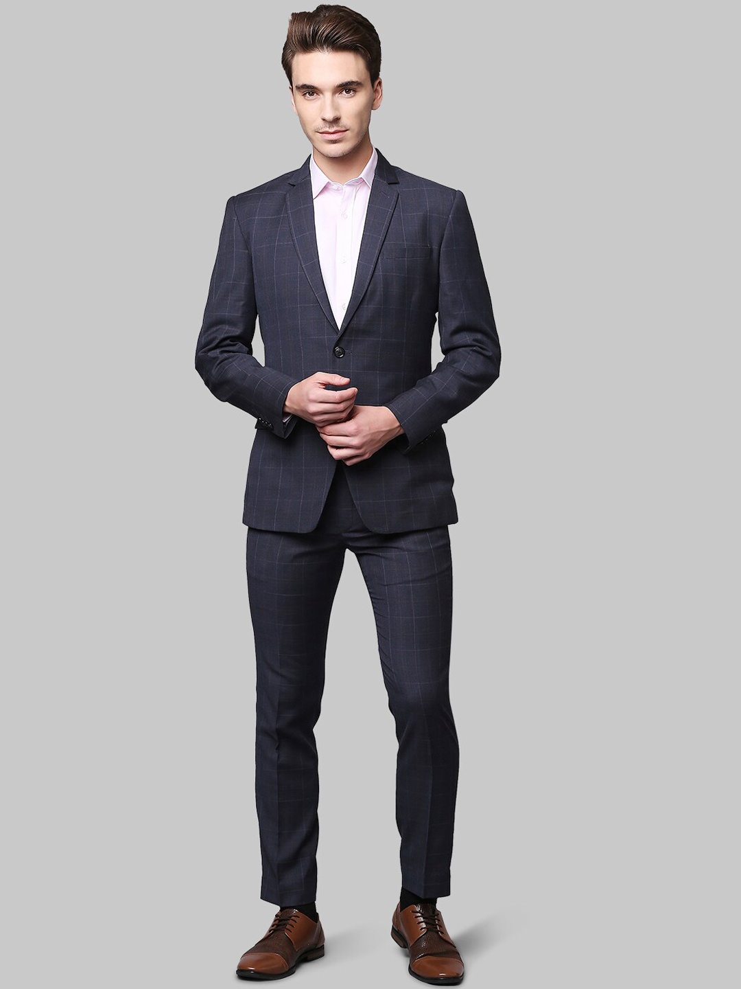 

Park Avenue Men Charcoal Grey Checked Single-Breasted Super Slim-Fit Formal Suit