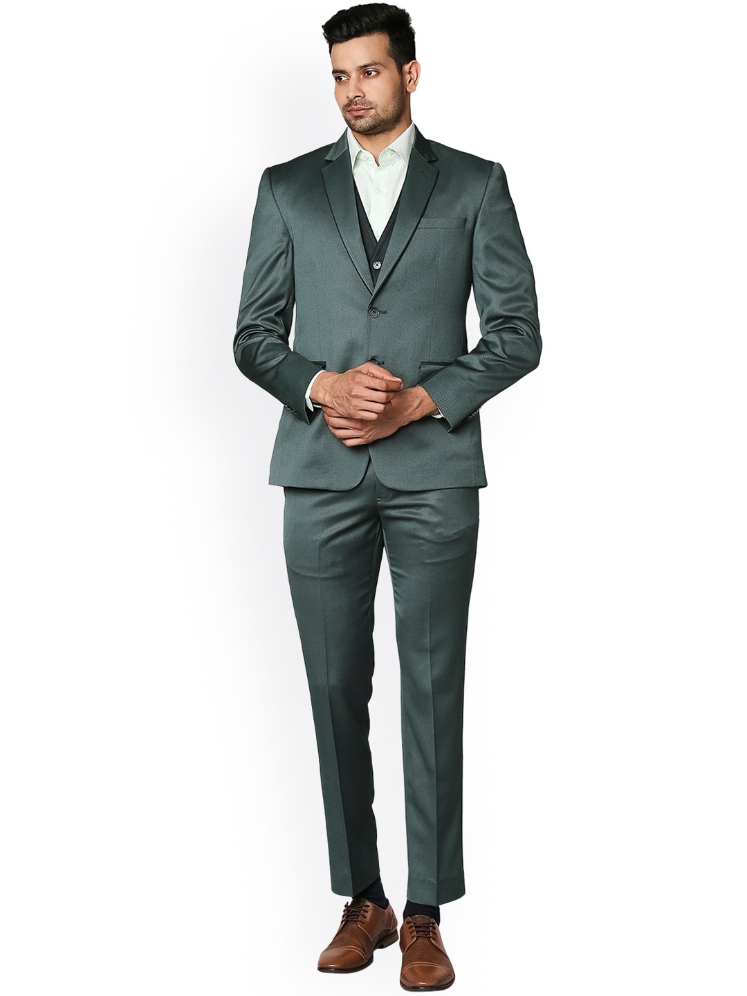 

Park Avenue Men Green Sold Super Slim Fit Single Breasted Formal 3 Piece Suit Set