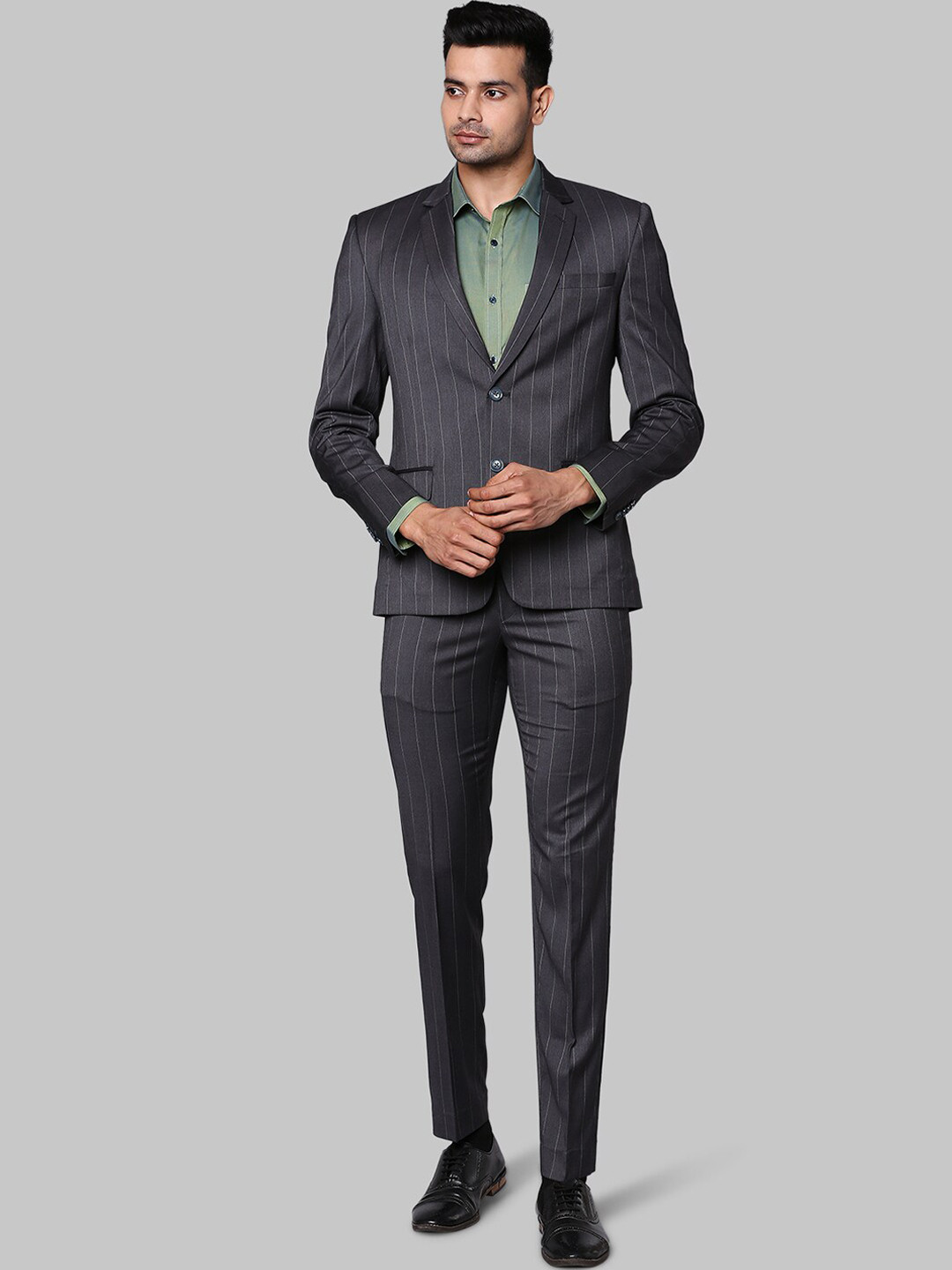 

Park Avenue Men Grey Striped Super Slim Fit 2 Piece Formal Suit