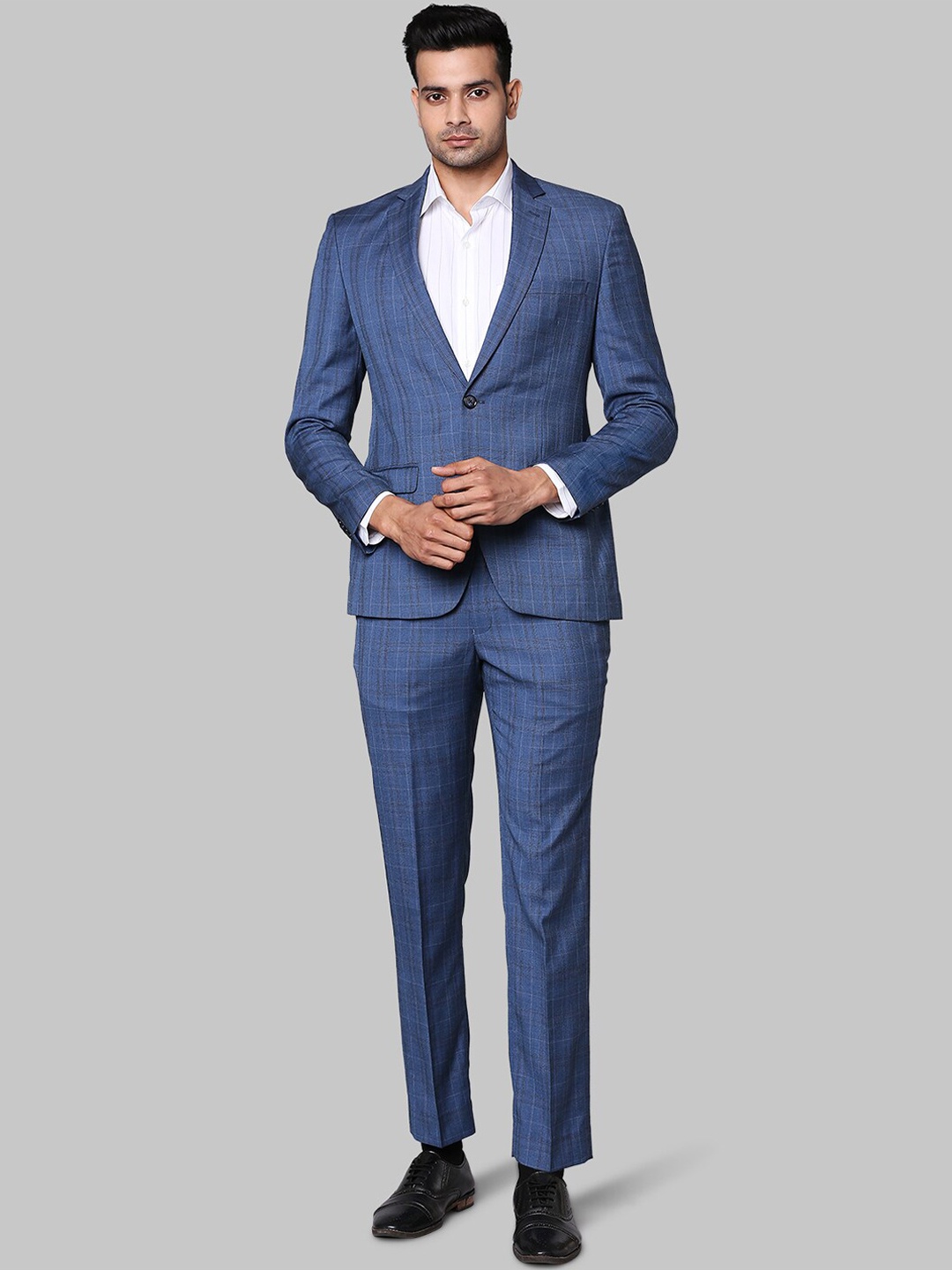 

Park Avenue Men Blue Checked Single-Breasted Super Slim-Fit Two-Piece Formal Suit