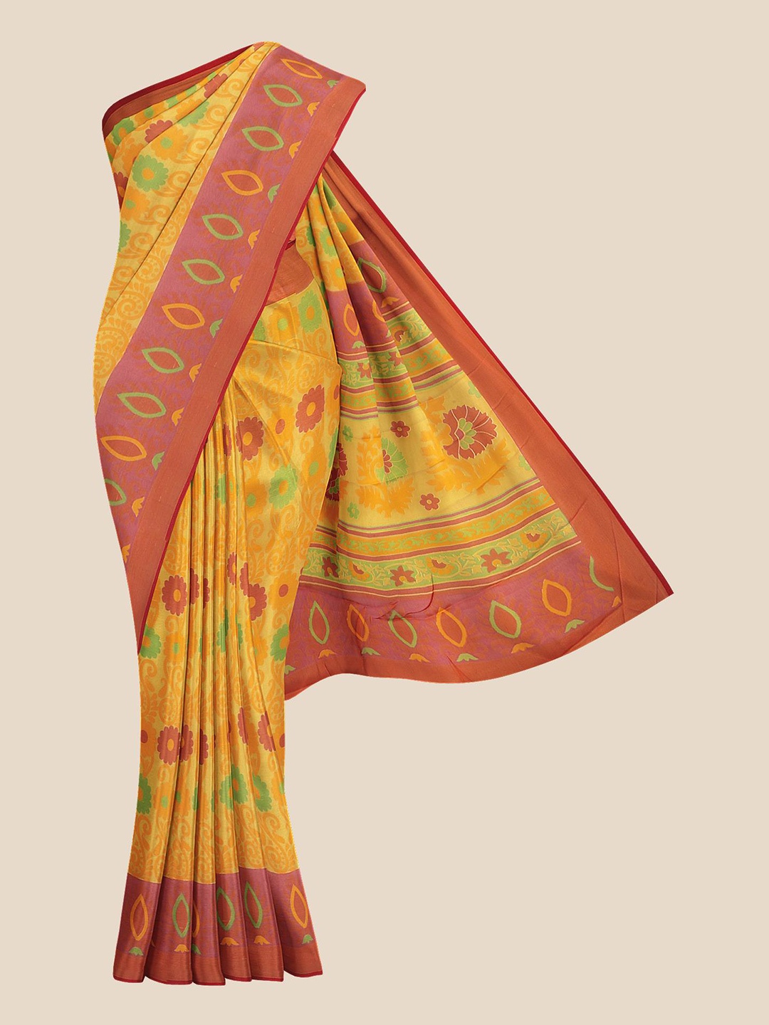 

Kalamandir Yellow & Red Floral Printed Silk Blend Saree