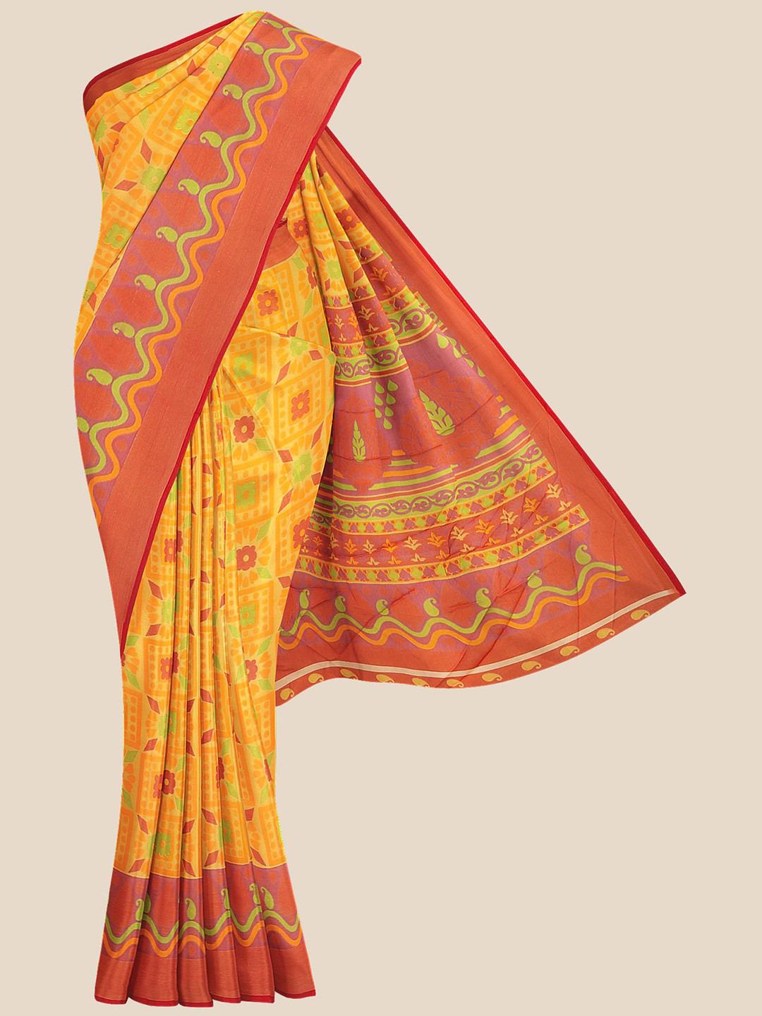 

Kalamandir Yellow & Orange Ethnic Motifs Silk Blend Saree