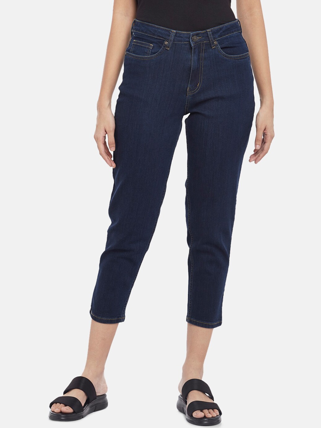 

People Women Navy Blue High-Rise Mom-Fit Three-Fourth Cotton Jeans