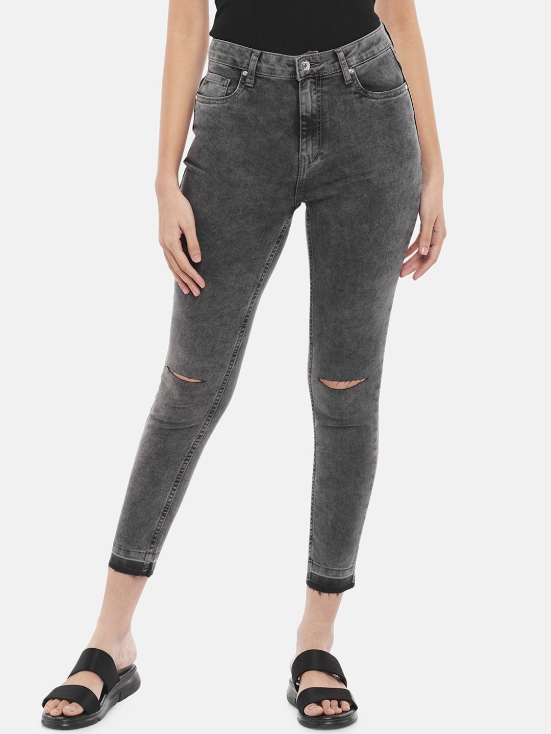 

People Women Grey Skinny Fit High-Rise Slash Knee Acid Wash Cotton Cropped Jeans