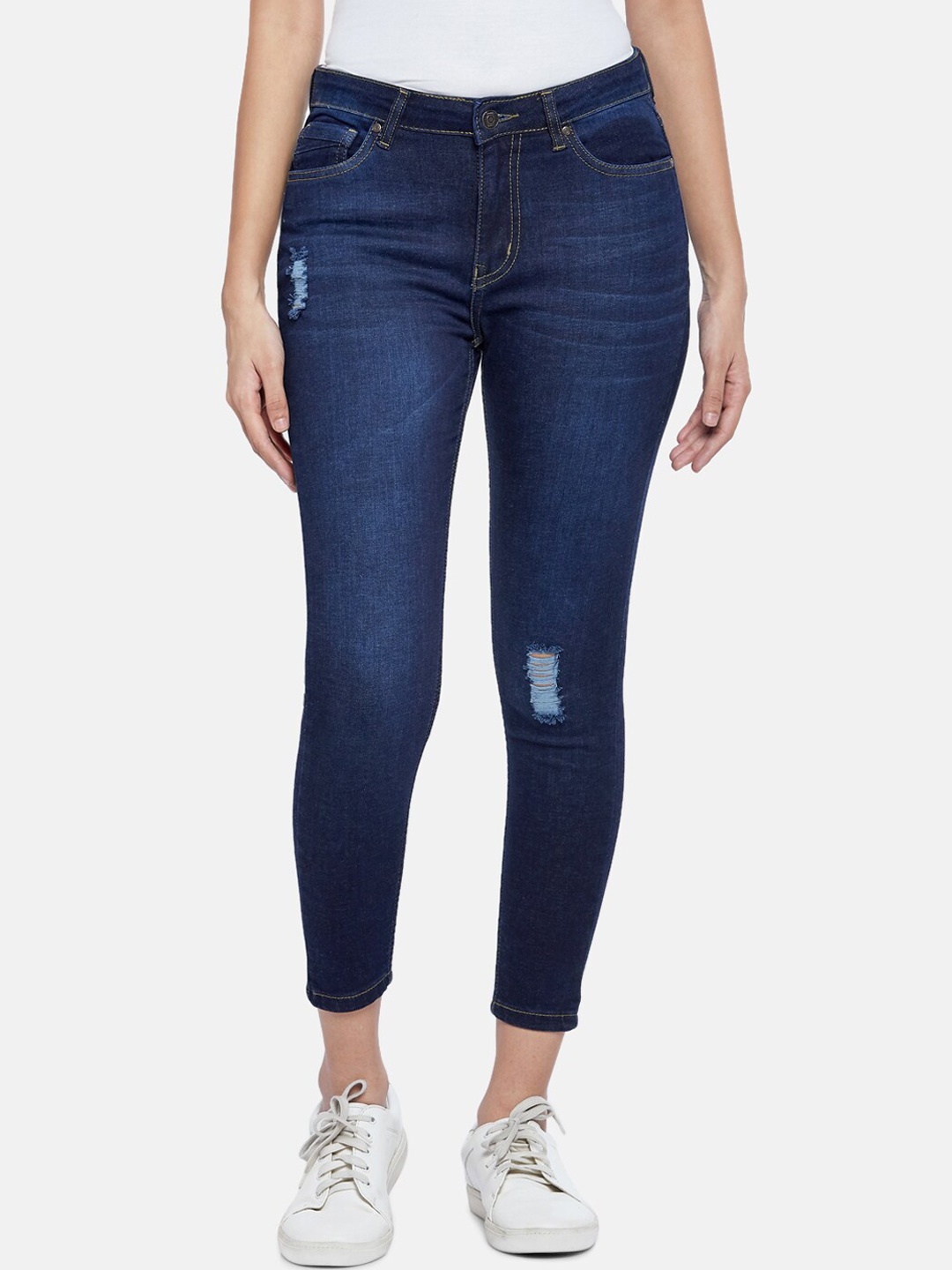 

People Women Blue Skinny Fit Low Distress Cropped Jeans