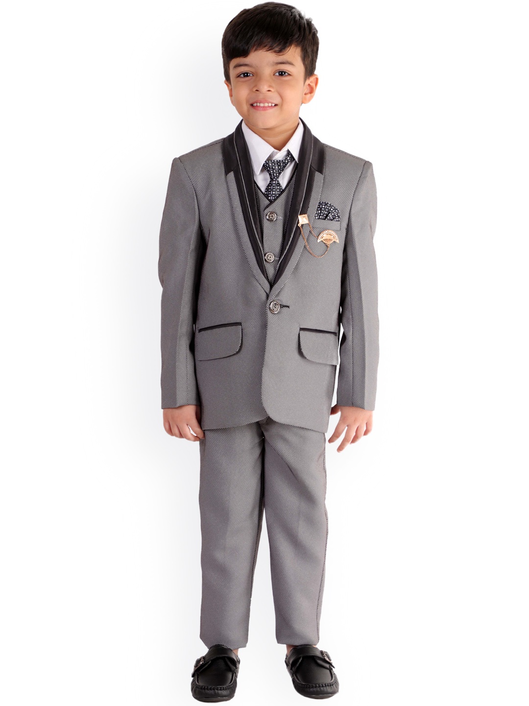 

FOURFOLDS Boys Grey Self Design 5-Piece Single Breasted Party Suit