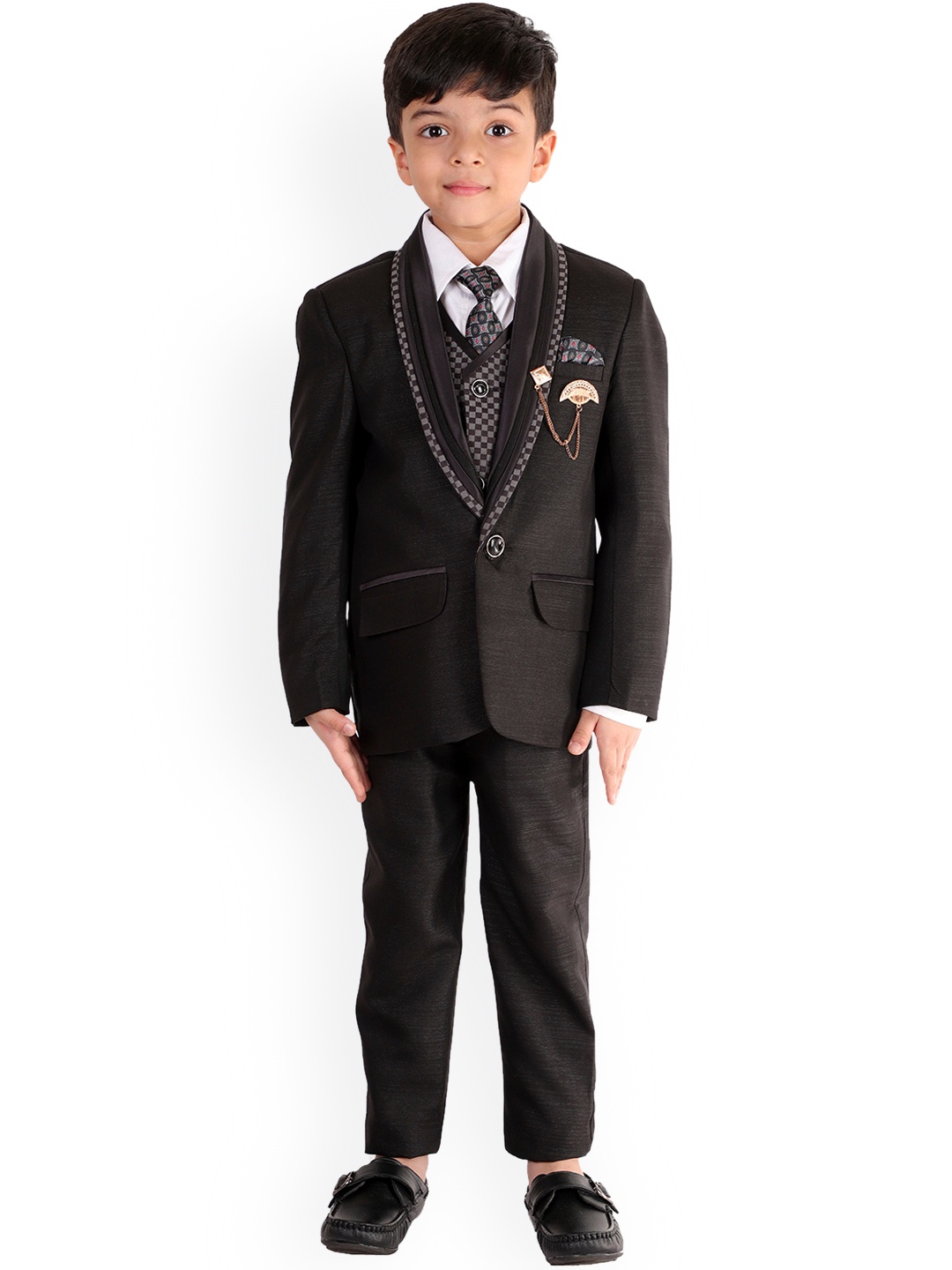 

FOURFOLDS Boys Black Solid 5-Piece Single Breasted Party Suit