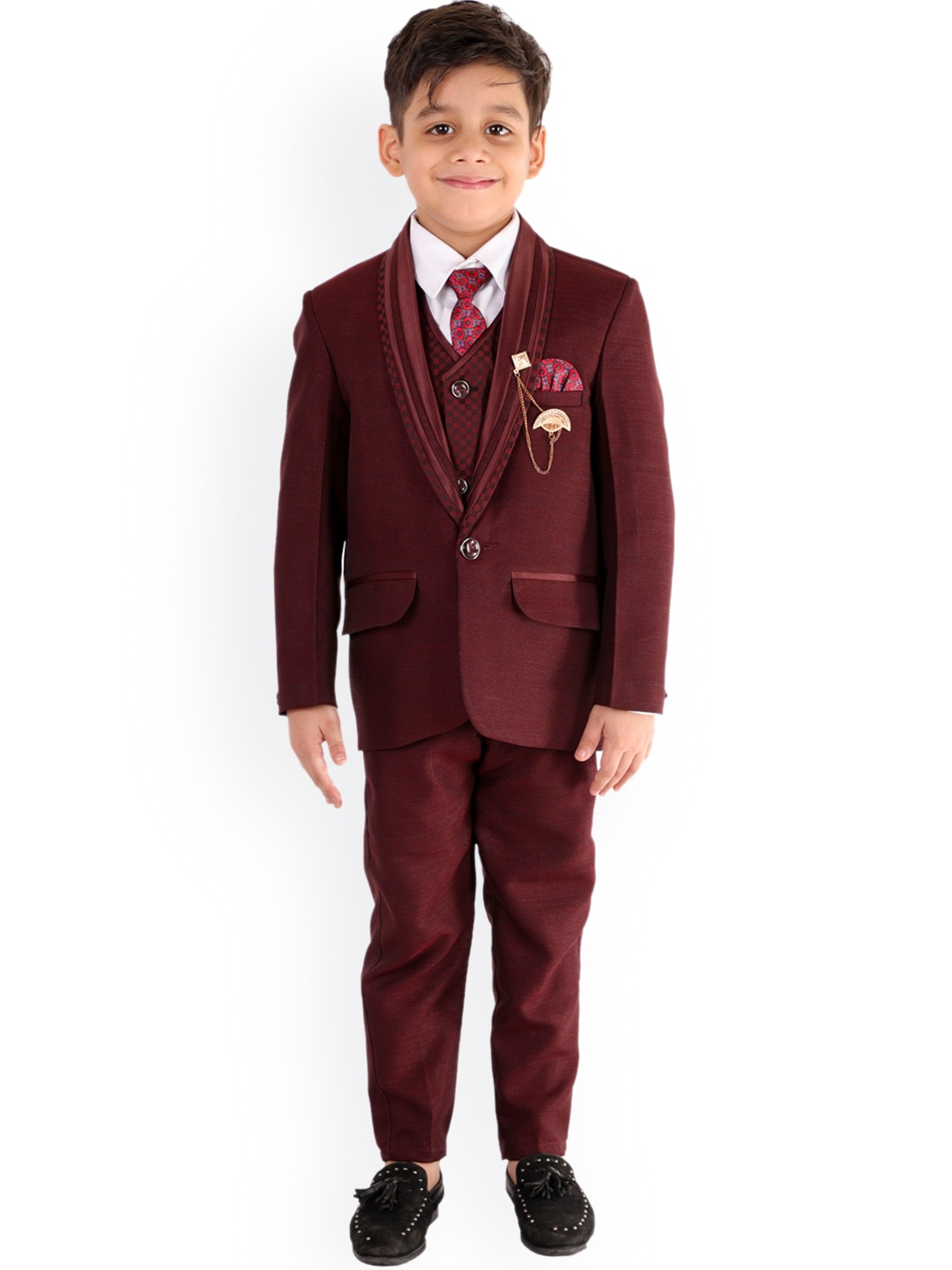 

FOURFOLDS Boys Maroon Solid 5-Piece Formal Party Suit