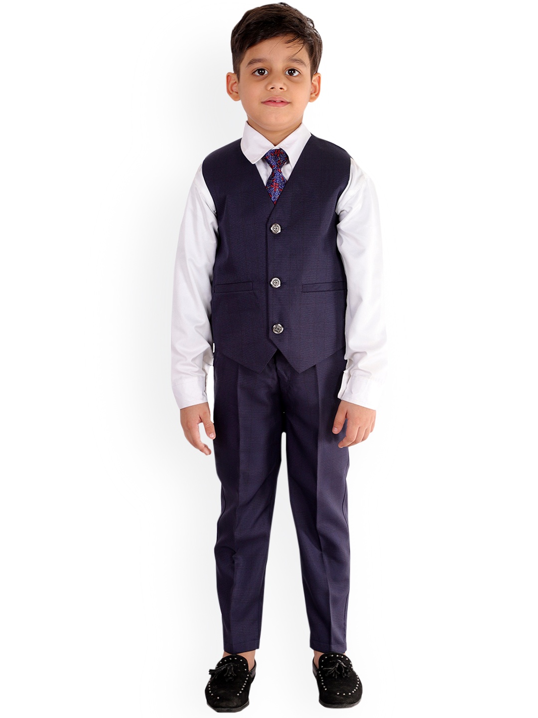 

FOURFOLDS Boys Navy Blue Self Design 5-Piece Single Breasted Party Suit