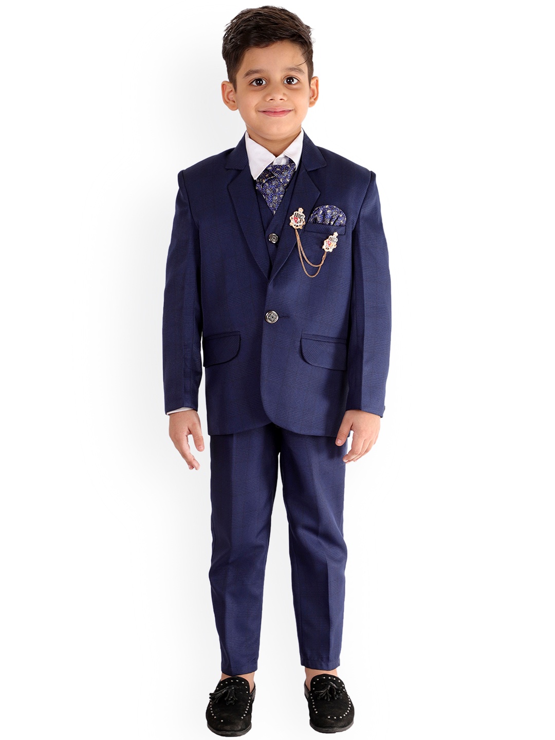 

FOURFOLDS Boys Navy Blue Checked 5-Piece Single Breasted Party Suit