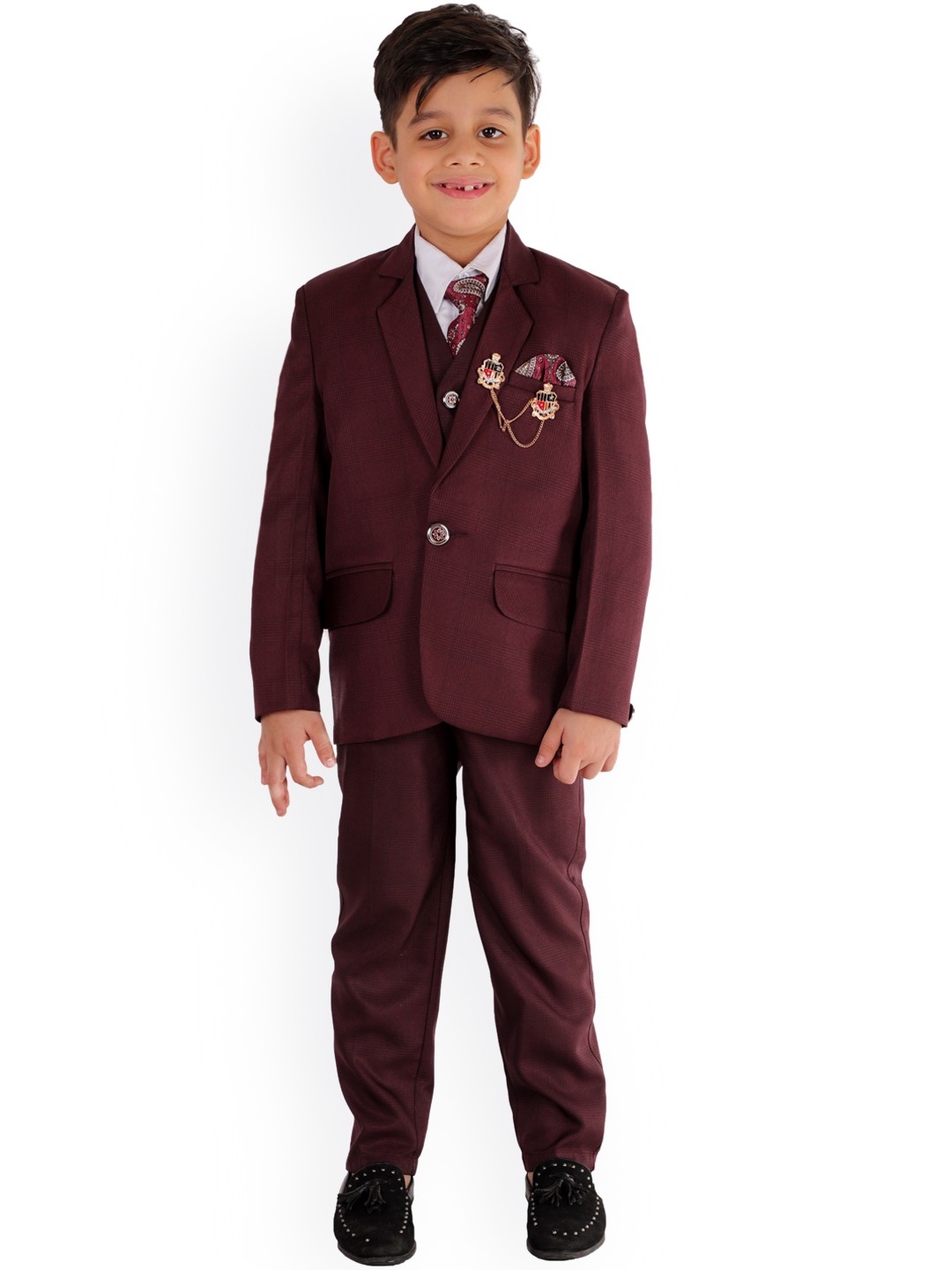 

FOURFOLDS Boys Maroon Solid Single-Breasted 5-Piece Suit
