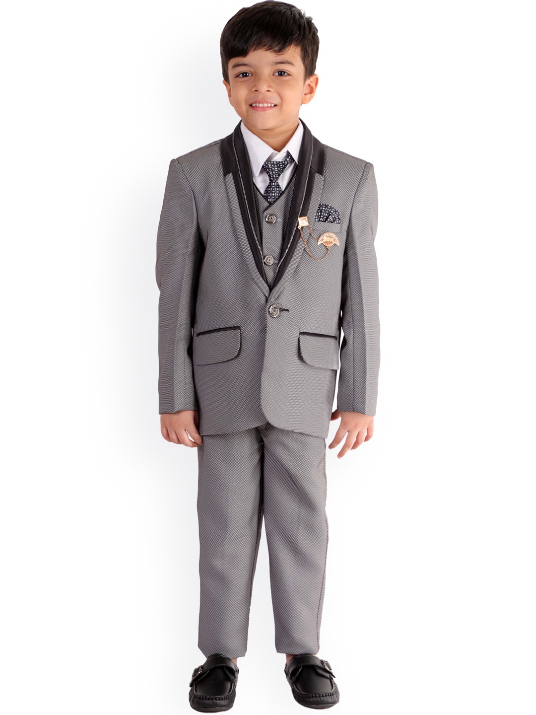 

FOURFOLDS Boys Grey Self-Design 5-Piece Single-Breasted Party Suit