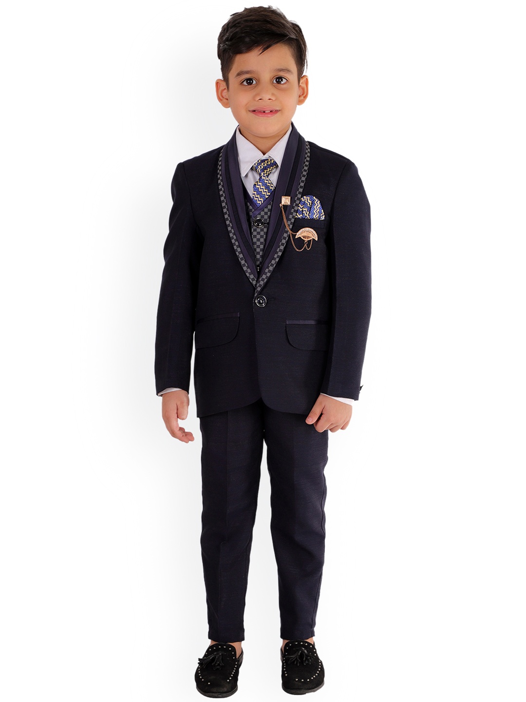 

FOURFOLDS Boys Navy Blue & Grey 5-Piece Single-Breasted Party Suit