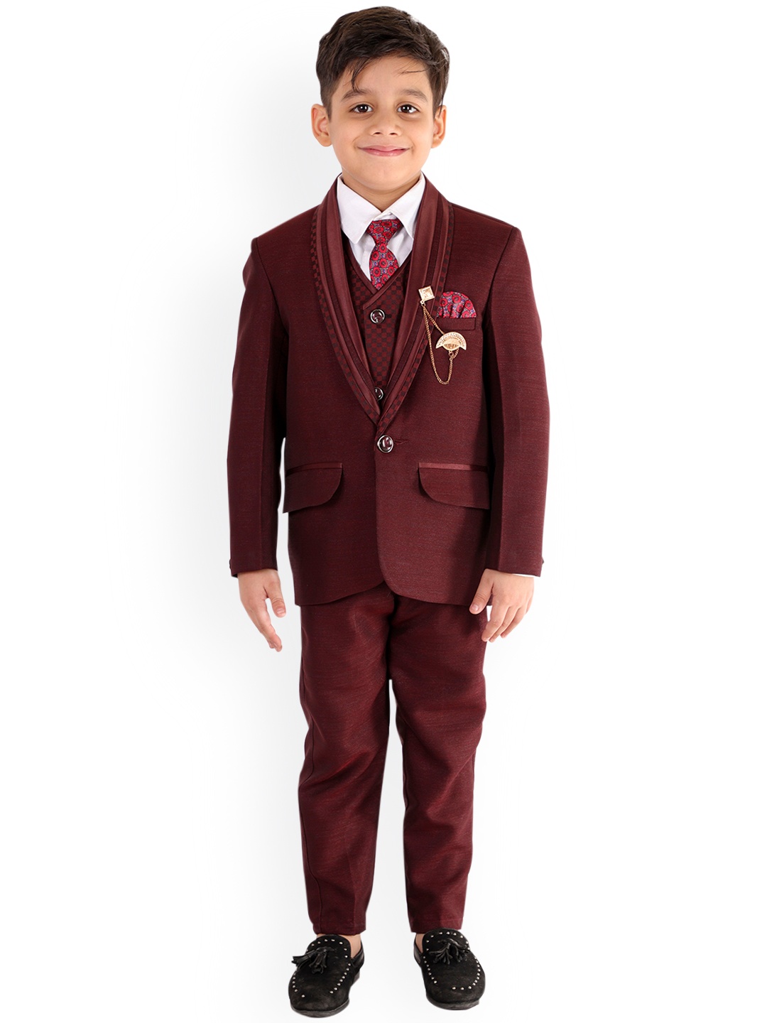

FOURFOLDS Boys Maroon Solid Single-Breasted 5-Piece Suit