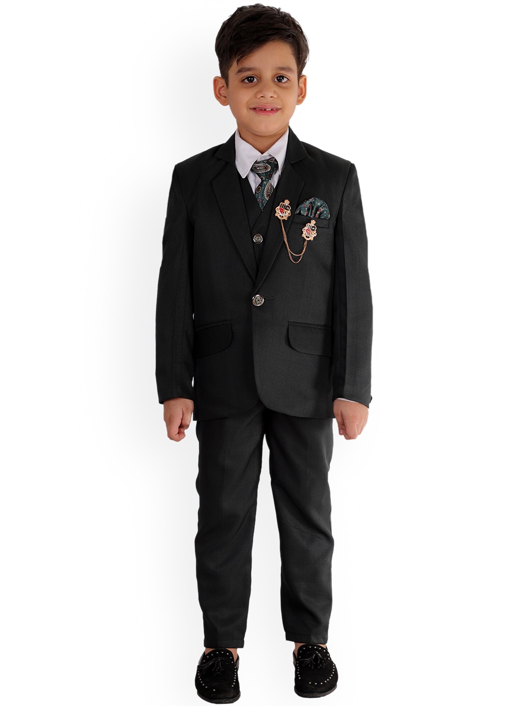 

FOURFOLDS Boys Black 5-Piece Single-Breasted Party Suit