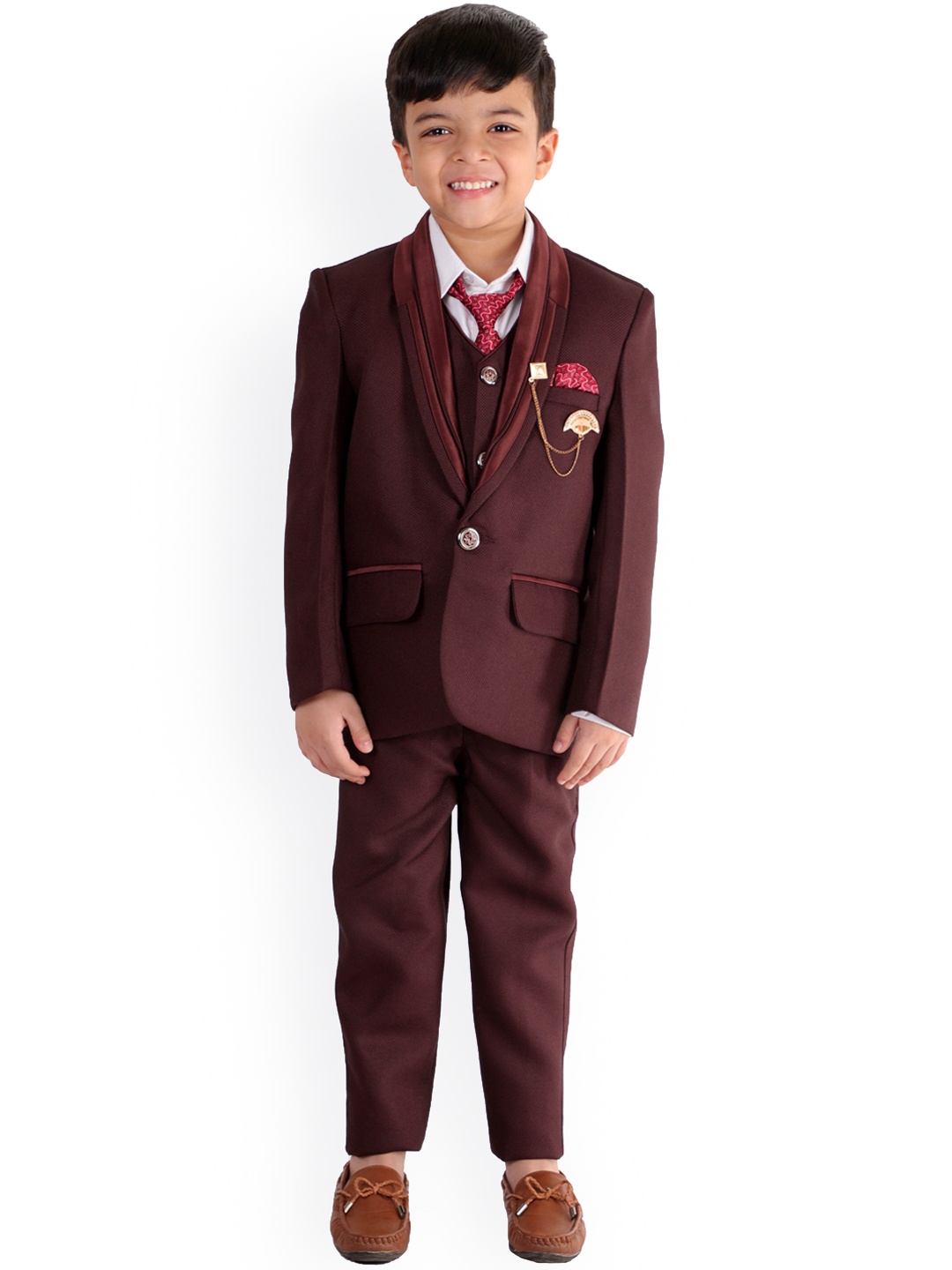 

FOURFOLDS Boys Maroon Solid Single-Breasted 5-Piece Suit