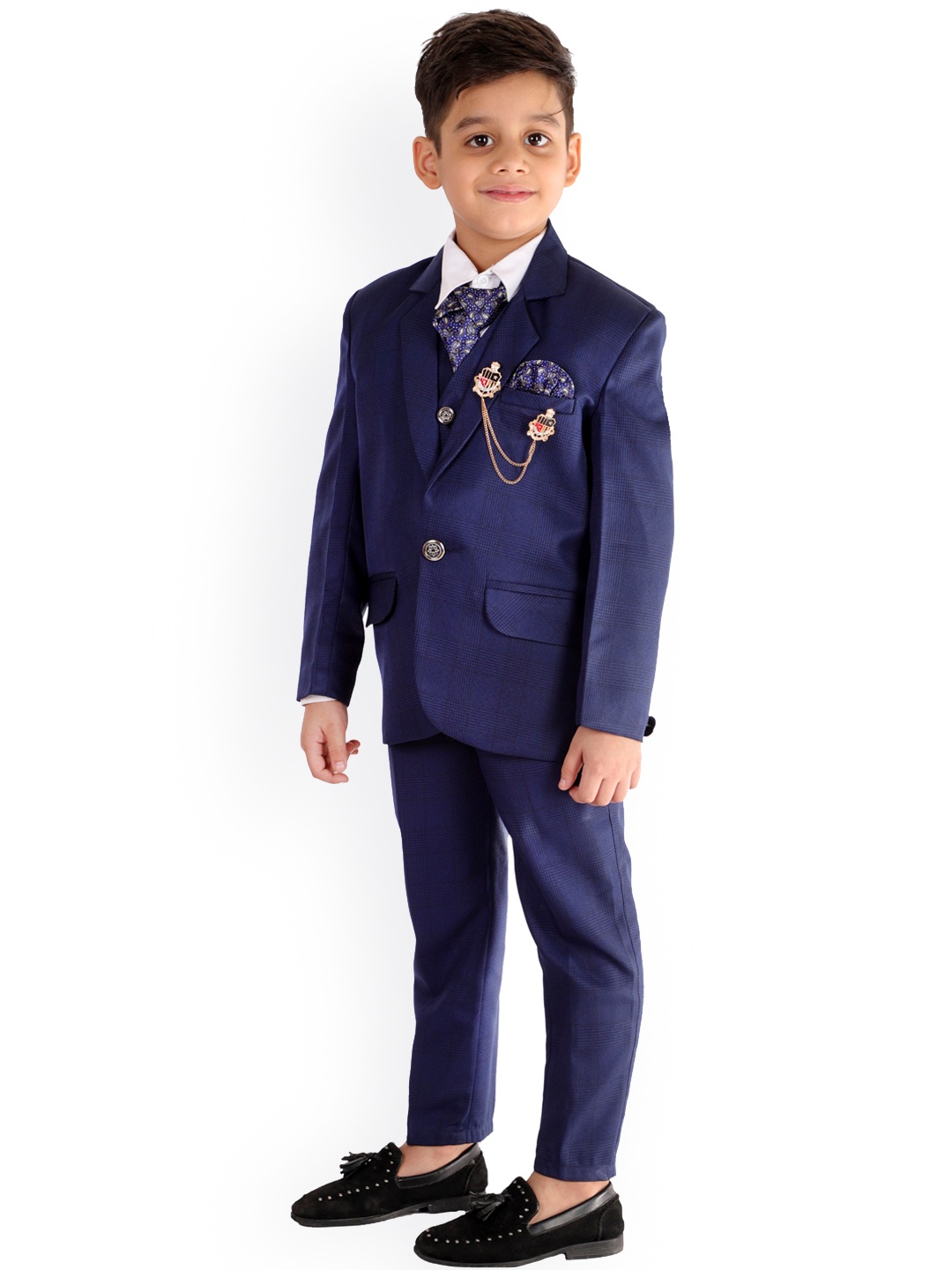 

FOURFOLDS Boys Blue Checked 5-Piece Single-Breasted Party Suit