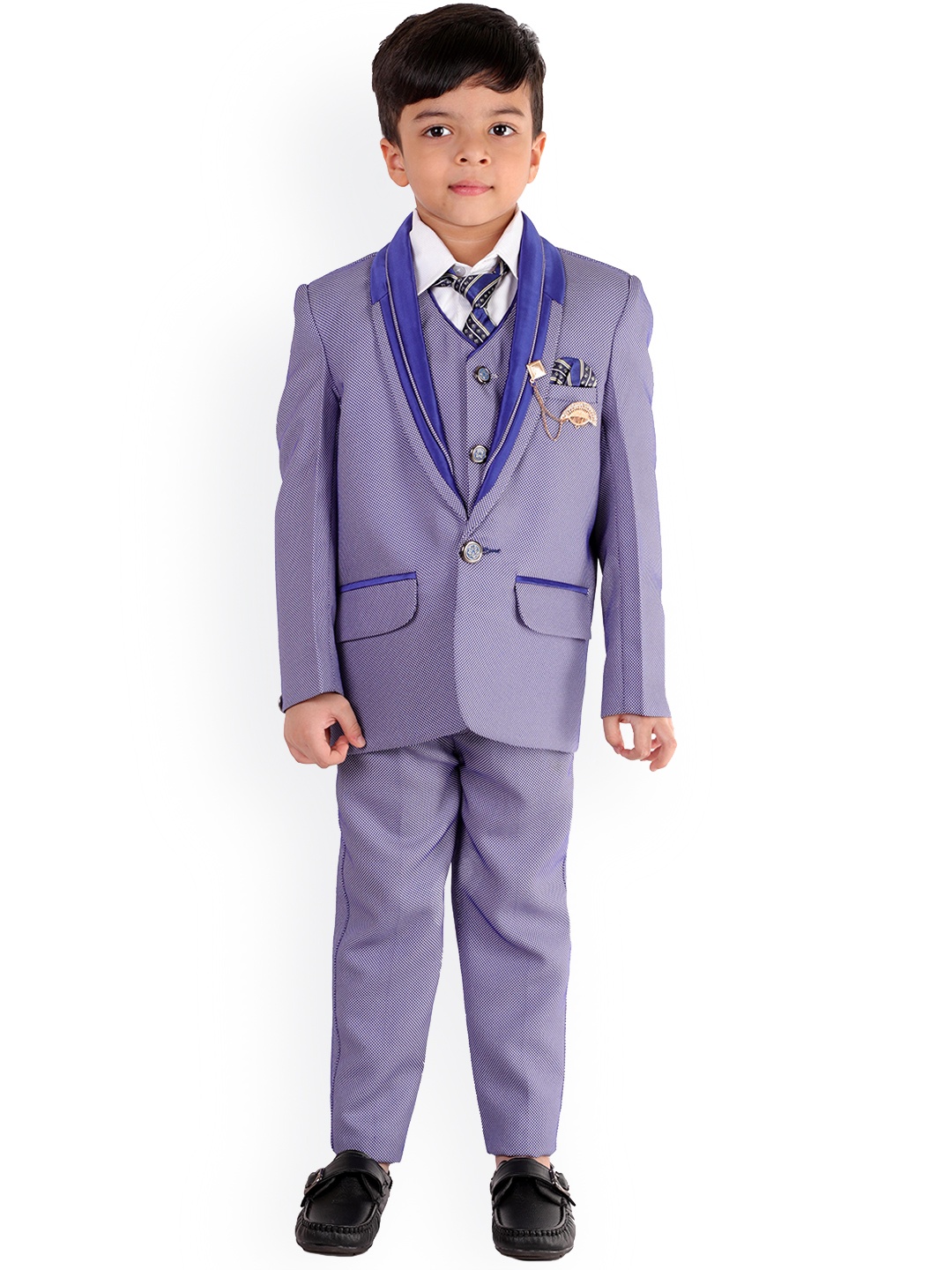 

FOURFOLDS Boys Blue Self-Design 5-Piece Single-Breasted Party Suit