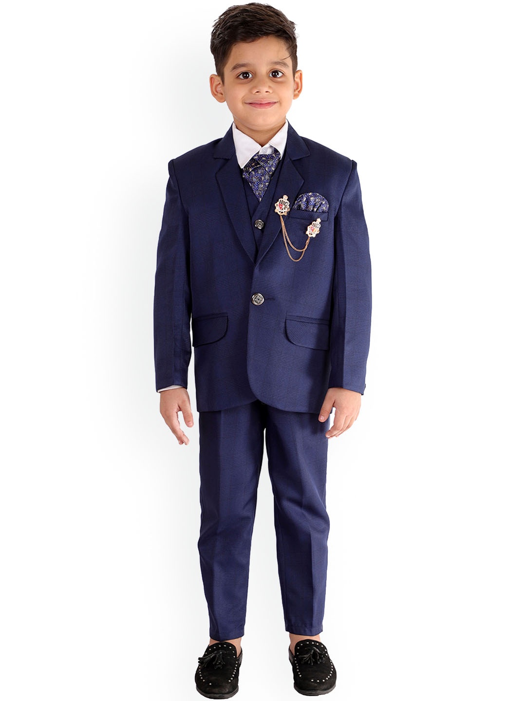 

FOURFOLDS Boys Navy Blue Checked 5-Piece Single Breasted Party Suit