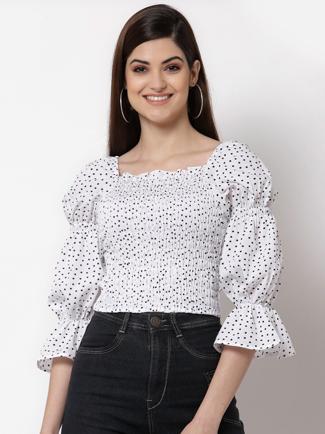 

Style Quotient White & Black Polka Dot Print Smocked Crepe Top