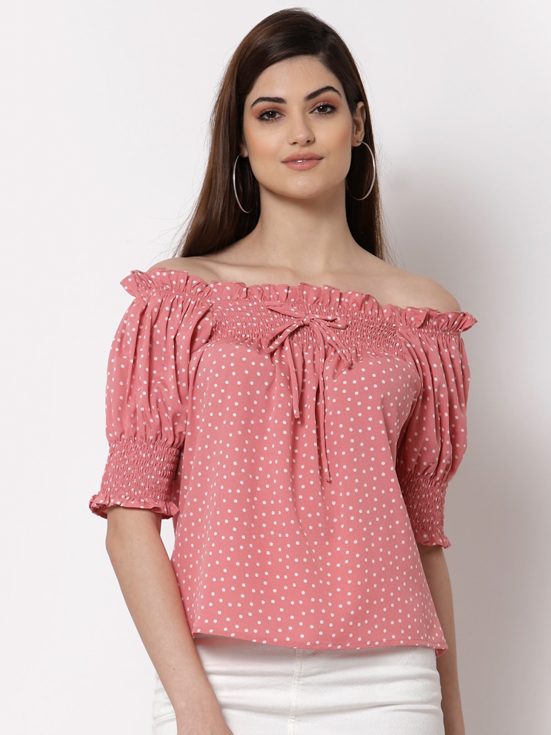 

Style Quotient Pink Print Off-Shoulder Smocked Crepe Bardot Top