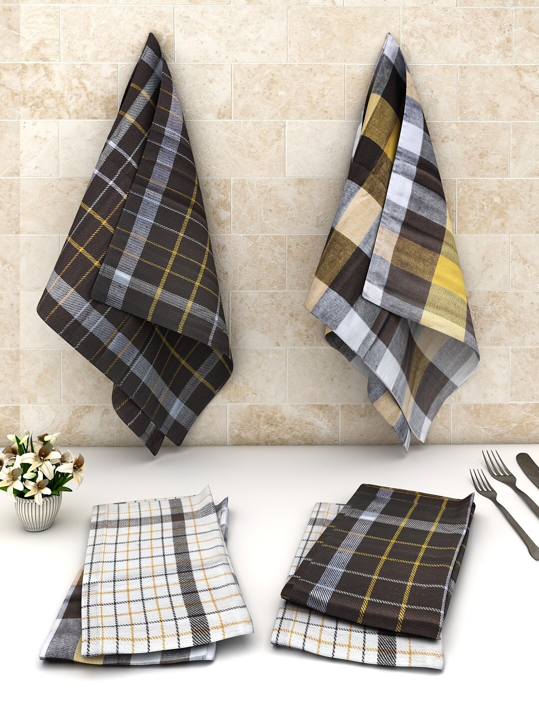 

Athom Trendz Black & White Pack Of 6 Checked Cotton Multipurpose Kitchen Towel