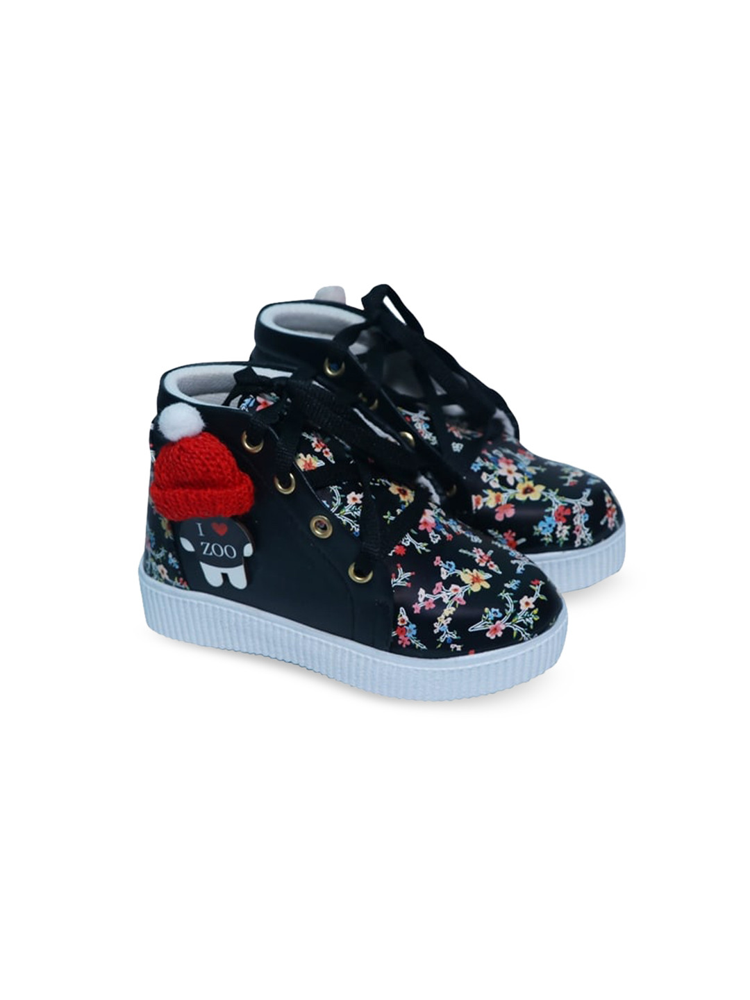

Buckled Up Girls Black & Pink Printed Cap Applique Sneakers
